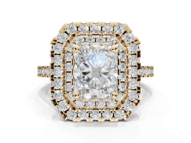 Radiant Cut Lab-Grown Diamond Double Halo Statement Ring Set in Yellow Gold with Pavé Band