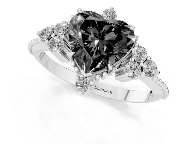 Fancy Black Heart Cut Diamond Cluster Ring Set in White gold with Beaded Band – second view