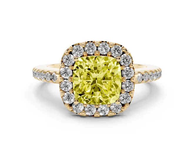 Cushion Cut Pavé Halo Engagement Ring Setting for a Fancy Yellow Lab-Grown Diamond | Pavé Band | Yellow Gold
