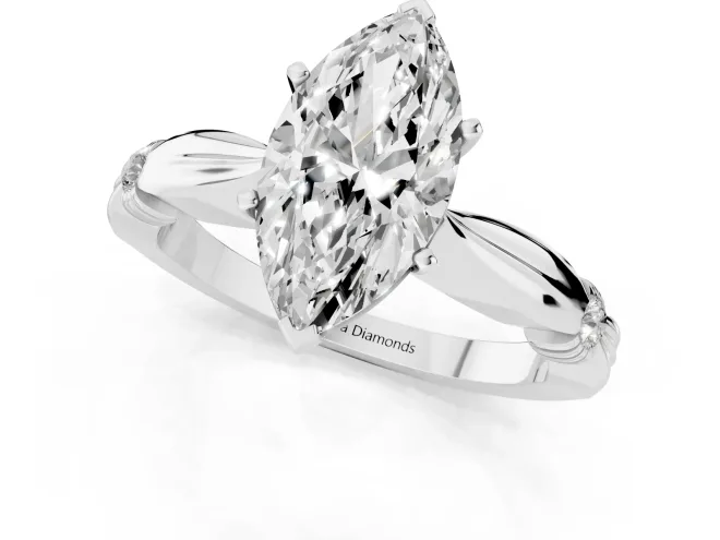 Marquise Cut Diamond Solitaire Twisted Band Ring Set in White gold with Accent Stones and Prong Setting – second view