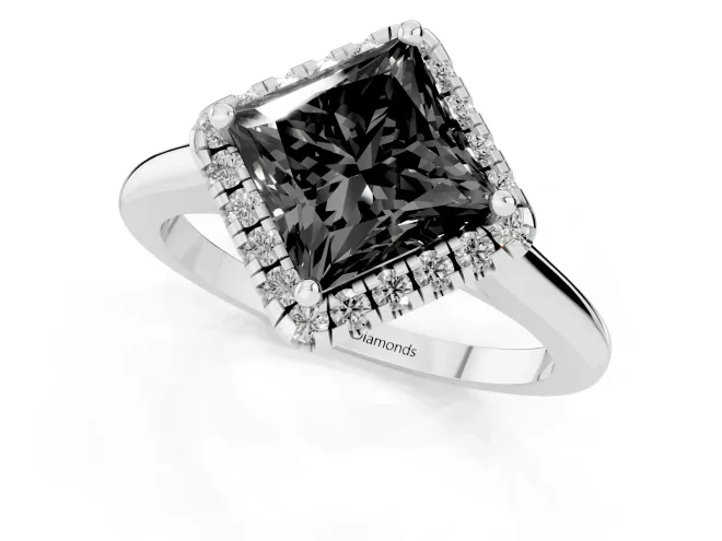 Fancy Black Princess Cut Diamond Halo Engagement Ring Set in White gold with Pavé Band and Rising Shoulders – second view