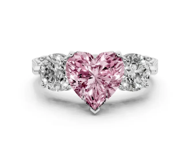 Heart-Shaped Vintage Three Stone Engagement Ring Setting for a Fancy Pink Lab-Grown Diamond | Sterling Silver - Design NV-24868