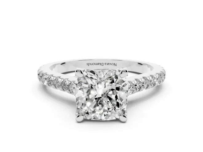 Cushion Cut Hidden Halo Pavé Engagement Ring Setting | Claw Prongs | White Gold