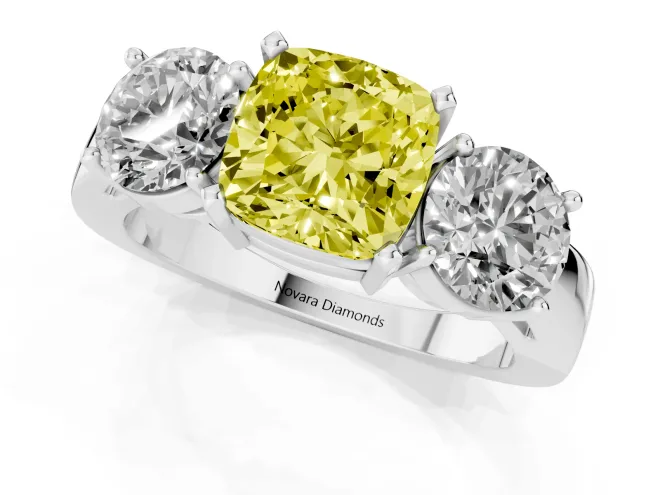 Fancy Yellow Cushion Cut Diamond Three-Stone Ring Set in Platinum with Round Side Stones and Classic Band – second view