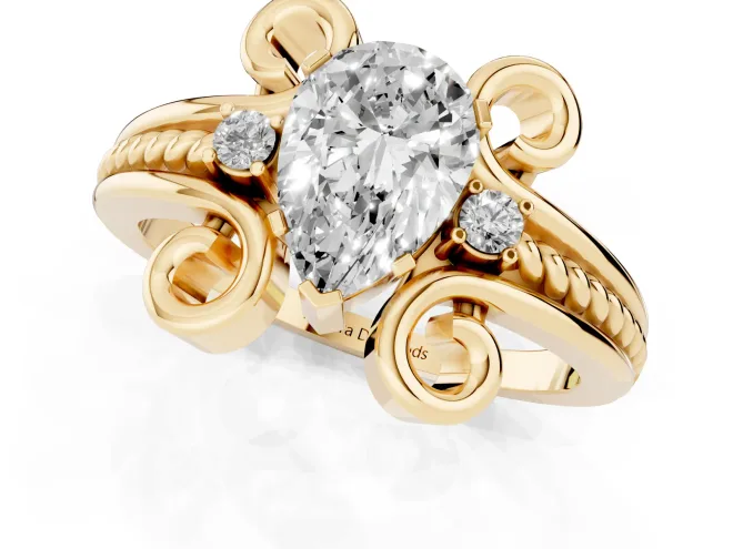 Pear Cut Diamond Twisted Band Solitaire Ring Set in Yellow gold with Scroll Prongs – second view