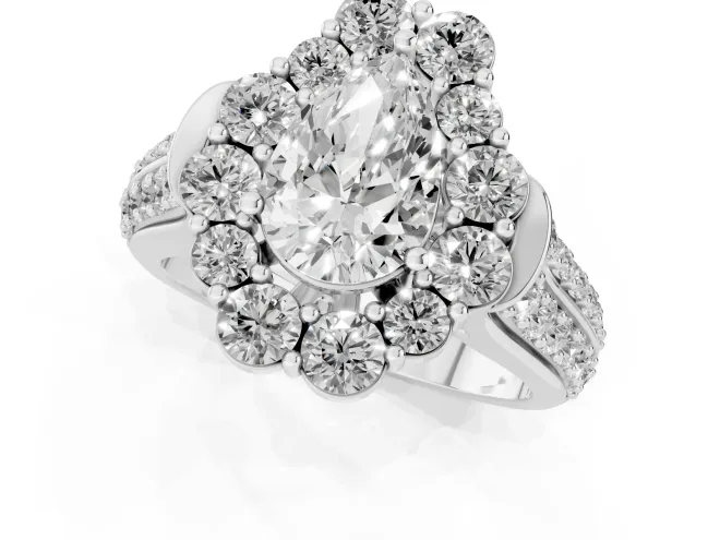 Pear Cut Diamond Halo Engagement Ring Set in White gold with Split Shank and Prong Setting – second view