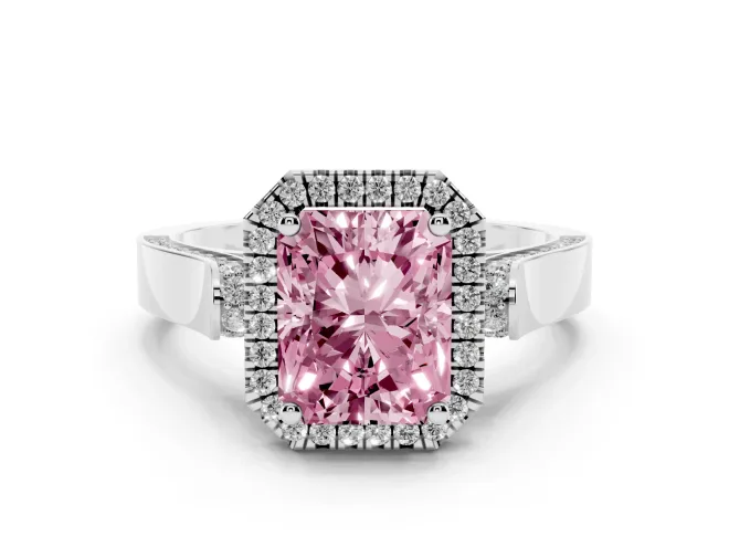 Radiant Cut Halo Engagement Ring Setting for a Fancy Pink Lab-Grown Diamond | Pavé Panel Shoulders | White Gold
