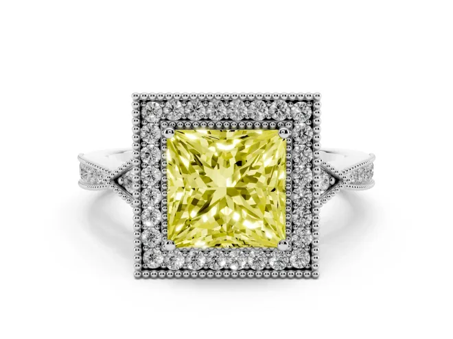 Princess Cut Milgrain Halo Engagement Ring Setting for a Fancy Yellow Lab-Grown Diamond | Graduated Pavé | White Gold