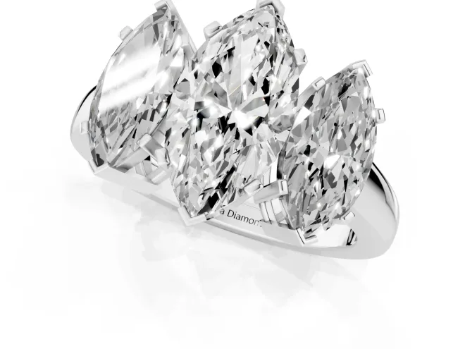 Marquise Cut Diamond Three-Stone Ring Set in White gold with Channel-Set Band and Prong Settings – second view