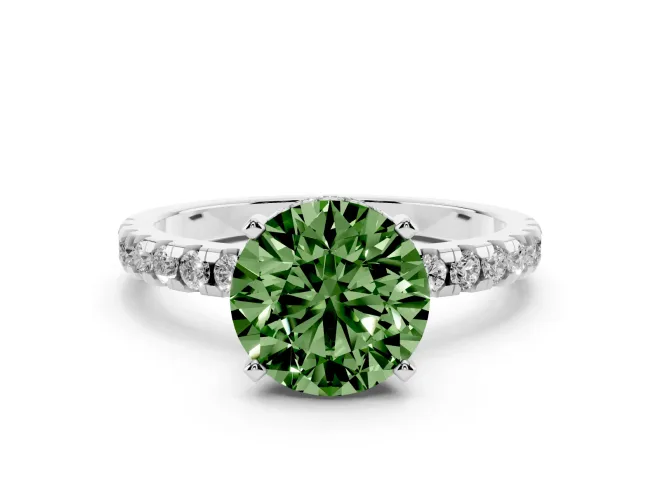 Fancy Green Round Cut Diamond Pavé Solitaire Ring Set in Platinum with Round Band Accents and Prong Setting
