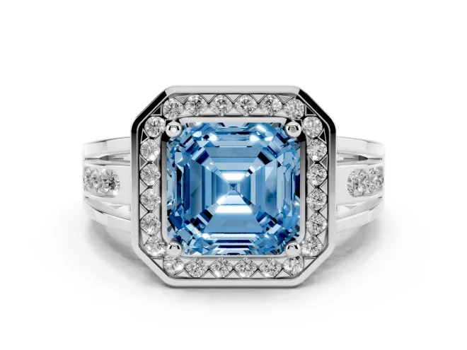 Asscher Cut Halo Engagement Ring Setting for a Fancy Blue Lab-Grown Diamond | Channel-Set Split Shank | Sterling Silver