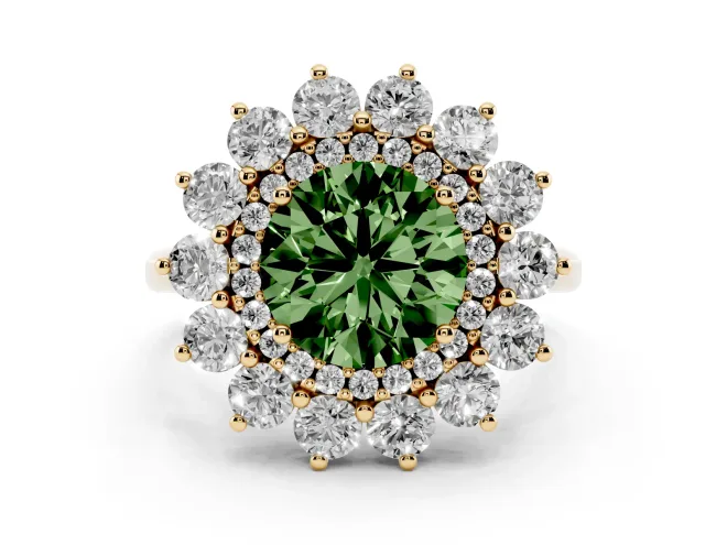 Fancy Green Round Cut Diamond Floral Double Halo Ring Set in Yellow gold with Round Petals