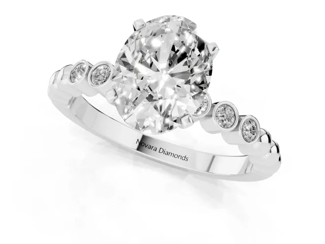 Oval Cut Diamond Solitaire Engagement Ring Set in Silver with Bezel Accents on Beaded Band – second view