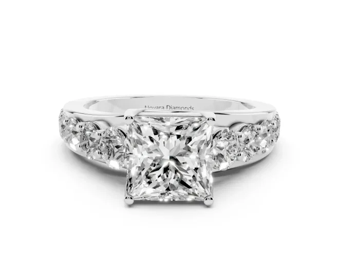 Princess Cut Graduated Side Stone Engagement Ring Setting | Shared Prong Rails | White Gold