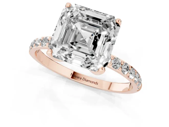 Asscher Cut Diamond Solitaire Engagement Ring Set in Rose gold with Round Pavé Band and Prong Setting – second view