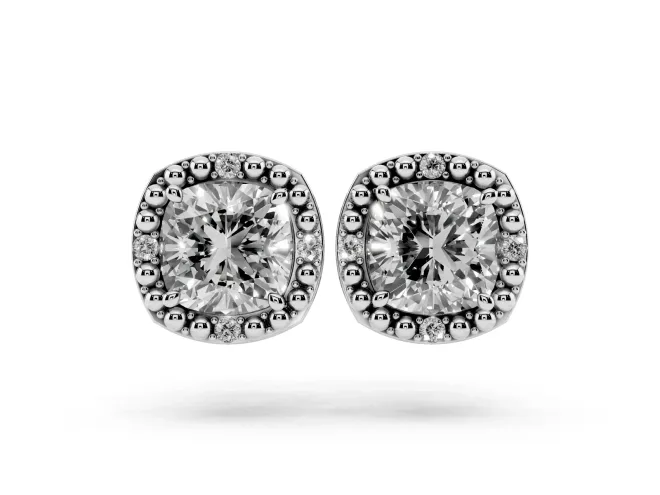 Cushion Cut Lab-Grown Diamond Beaded Halo Stud Earrings | Four Round Accents | Sterling Silver