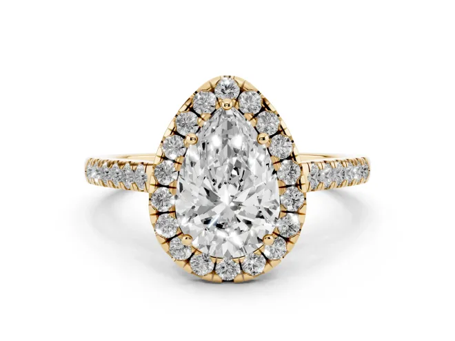 Pear Cut Diamond Halo Pavé Engagement Ring Set in Yellow gold with Prong Setting
