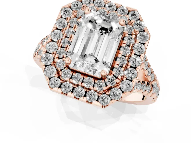 Emerald Cut Diamond Double Halo Ring Set in Rose gold with Pavé Split Shank and Prong Setting – second view