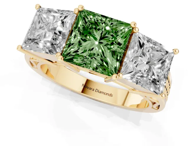Princess Cut Three Stone Engagement Ring Setting for a Fancy Green Lab-Grown Diamond | Beaded Shoulders | Yellow Gold – second view