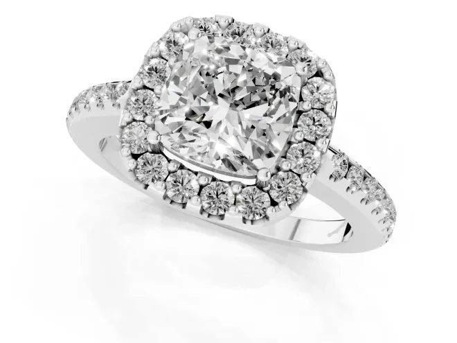 Cushion Cut Diamond Pavé Halo Ring Set in White gold with Prong Setting – second view
