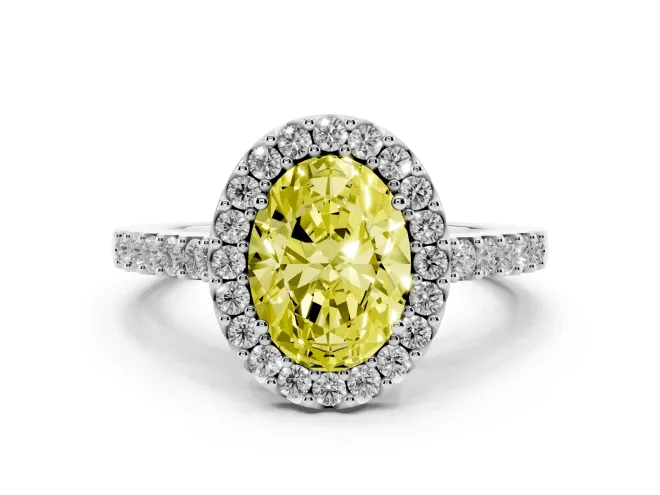 Oval Halo Engagement Ring Setting for a Fancy Yellow Lab-Grown Diamond | Single Row Pavé Band | White Gold