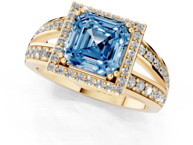 Fancy Blue Asscher Cut Diamond Halo Ring Set in Yellow gold with Double Pavé Split Shank – second view