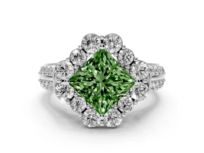 Princess Cut Large Accent Halo Engagement Ring Setting for a Fancy Green Lab-Grown Diamond | Graduated Pavé | White Gold