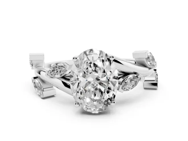 Oval Cut Diamond Solitaire Ring Set in White gold with Twisted Marquise Accent Band