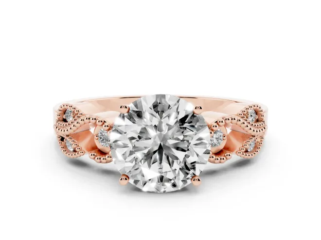 Round Vintage Leaf Solitaire Engagement Ring Setting | Milgrain Edges | Rose Gold