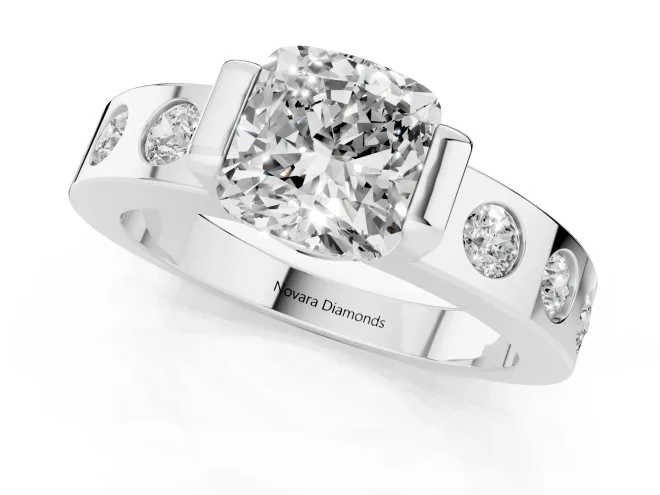 Cushion Cut Diamond Channel-Set Band Ring Set in White gold with Bezel Prong Setting – second view
