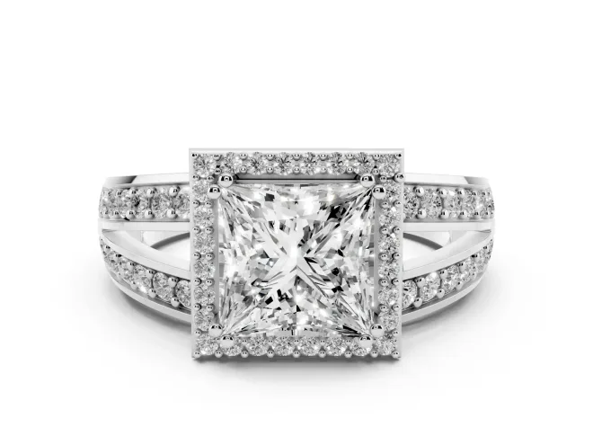 Princess Cut Diamond Halo Ring Set in Platinum with Double Pavé Split Shank