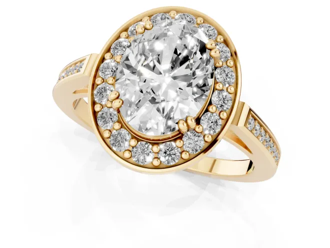 Oval Cut Diamond Halo Ring Set in Yellow gold with Accent-Lined Split Shank and Prong Setting – second view