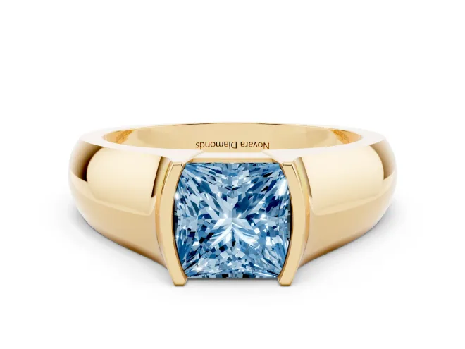 Fancy Blue Princess Cut Diamond Bezel Solitaire Ring Set in Yellow gold with Wide Band