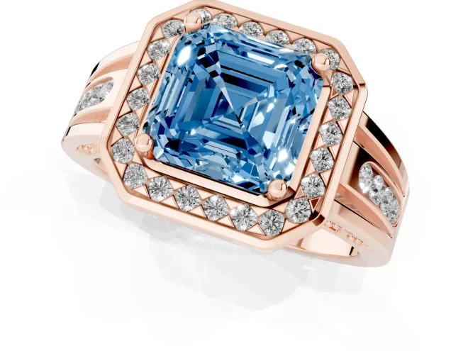 Fancy Blue Asscher Cut Diamond Halo Ring Set in Rose gold with Pavé and Bezel Accent Split Shank – second view