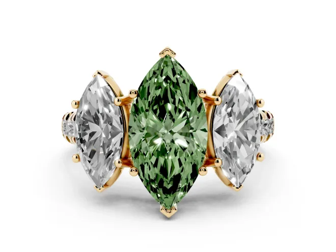 Marquise Three Stone Engagement Ring Setting for a Fancy Green Lab-Grown Diamond | Accented Shoulders | Yellow Gold