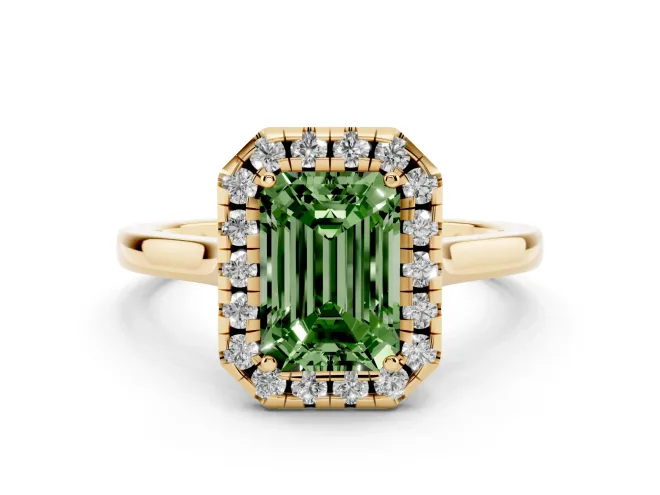Fancy Green Emerald Cut Halo Round Diamond Solitaire Ring Set in Yellow gold with Pavé Band and Prong Setting