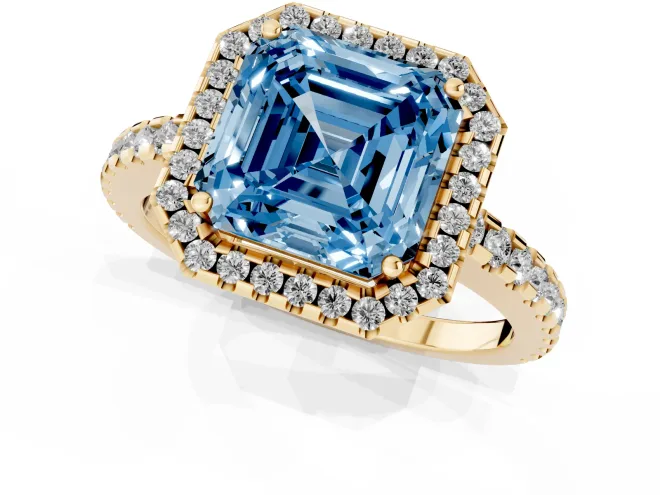 Fancy Blue Asscher Cut Diamond Halo Ring Set in Yellow gold with Pavé Shoulders and Halo-Framed Center – second view