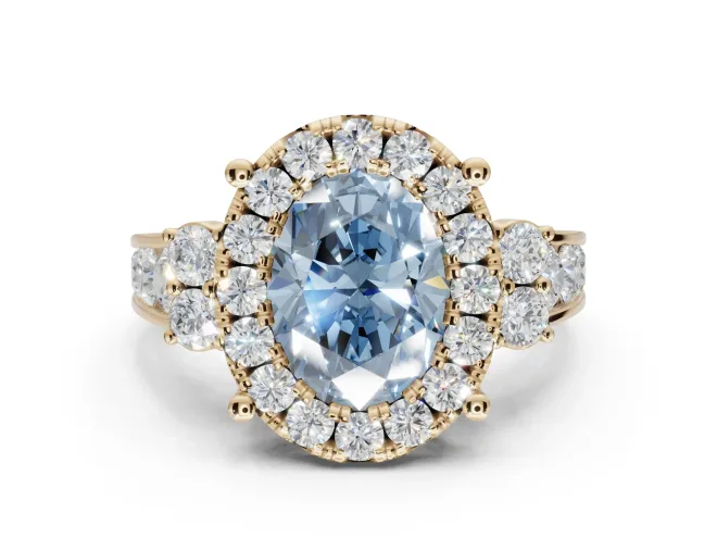Oval Halo Engagement Ring Setting for a Fancy Blue Lab-Grown Diamond | Side Clusters | Yellow Gold