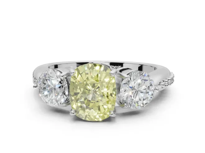 Cushion Cut Three Stone Engagement Ring Setting for a Fancy Yellow Lab-Grown Diamond | Tapered Pavé Band | Platinum