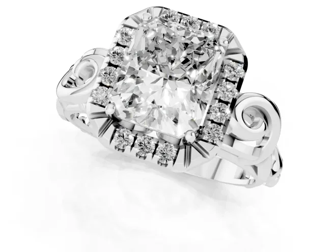 Radiant Cut Diamond Halo Ring Set in White gold with Scrollwork Band and Prong Setting – second view