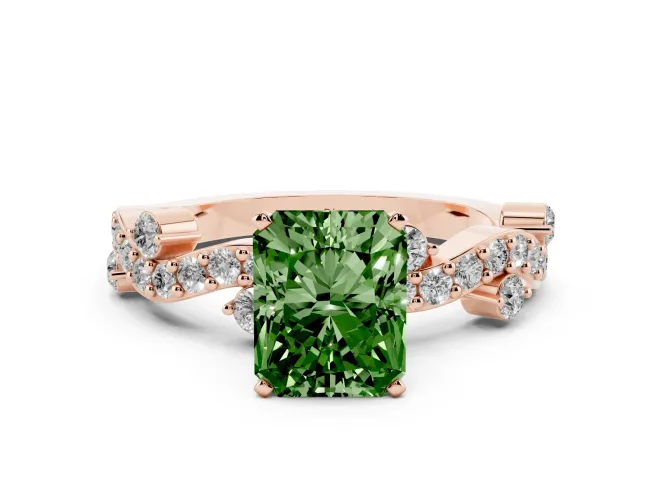 Radiant Cut Twisted Pavé Engagement Ring Setting for a Fancy Green Lab-Grown Diamond | Bar Stations | Rose Gold