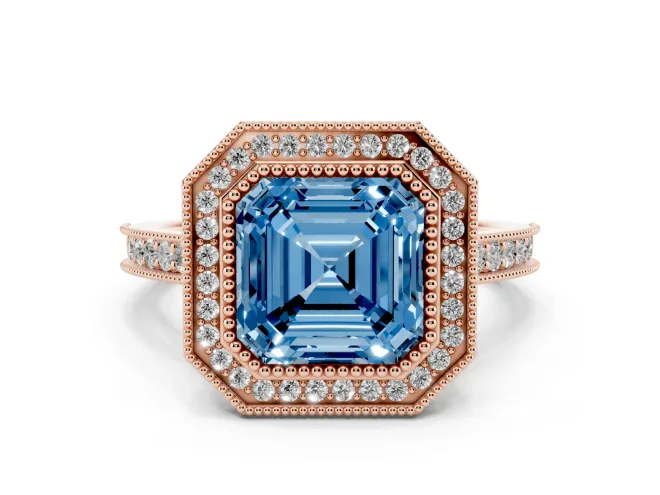 Asscher Cut Vintage Milgrain Halo Engagement Ring Setting for a Fancy Blue Lab-Grown Diamond | Bezel Head | Rose Gold