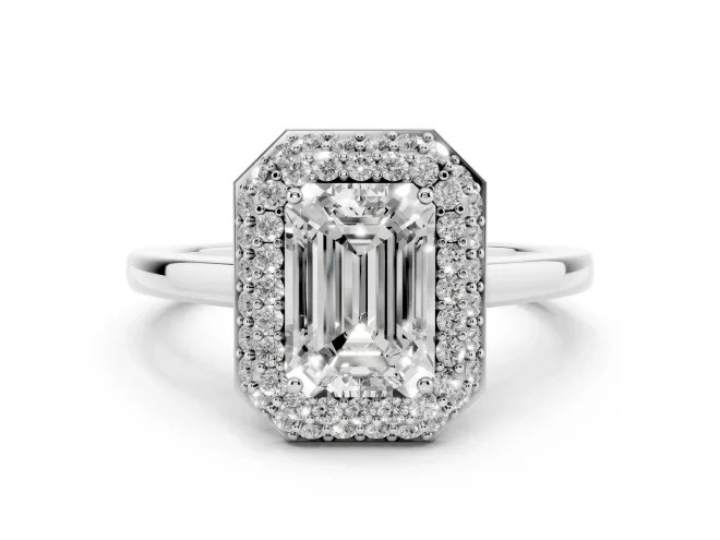 Emerald Cut Diamond Halo Engagement Ring Set in Platinum with Solitaire Band and Prong Setting