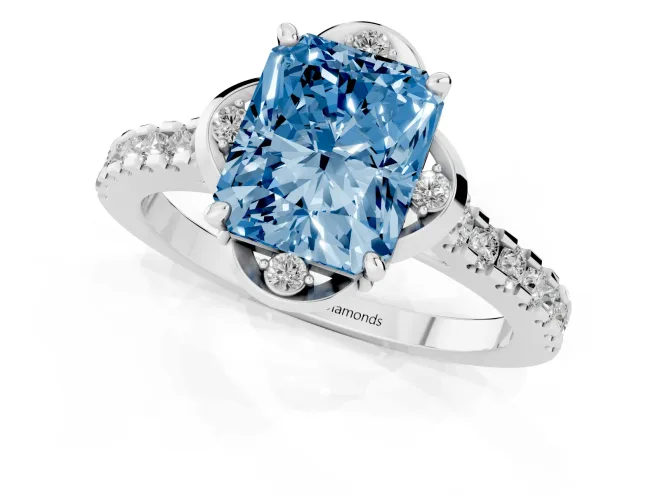 Fancy Blue Radiant Cut Diamond Solitaire Ring Set in Platinum with Pavé Band and Floral Prong Setting – second view