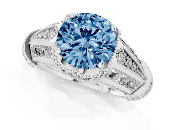 Round Vintage Milgrain Engagement Ring Setting for a Fancy Blue Lab-Grown Diamond | Hidden Halo | Sterling Silver – second view