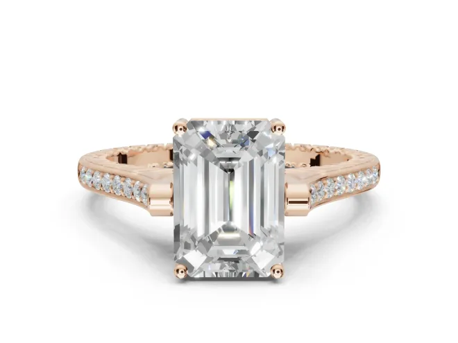 Emerald Cut Vintage Cathedral Engagement Ring Setting | Carved Band | Rose Gold