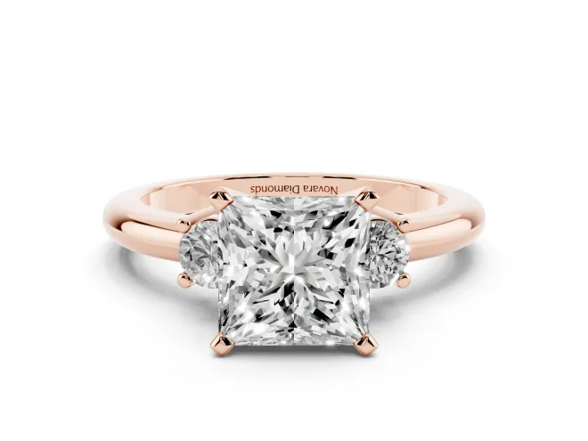 Princess Cut Three Stone Engagement Ring Setting | Round Side Stones | Rose Gold