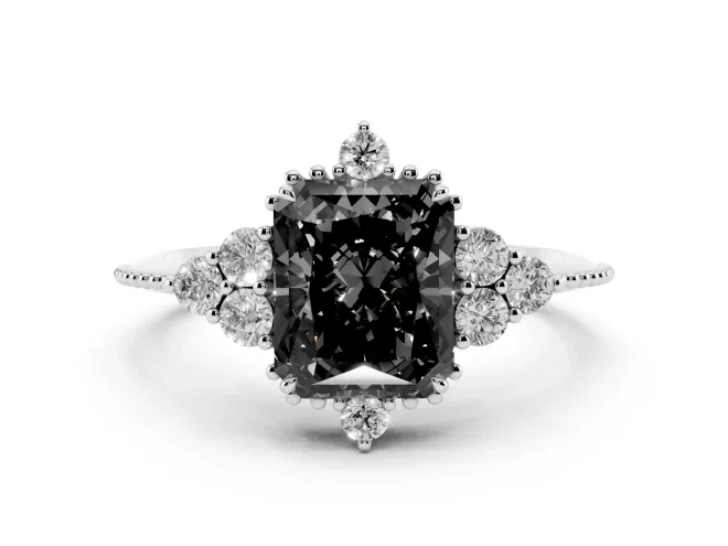Fancy Black Radiant Cut Diamond Cluster Ring Set in Platinum with Beaded Band