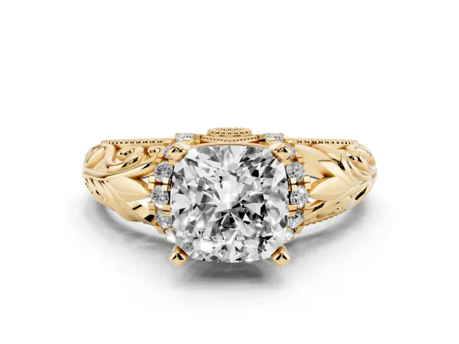 Cushion Cut Vintage Filigree Solitaire Engagement Ring Setting | Accented Basket | Yellow Gold