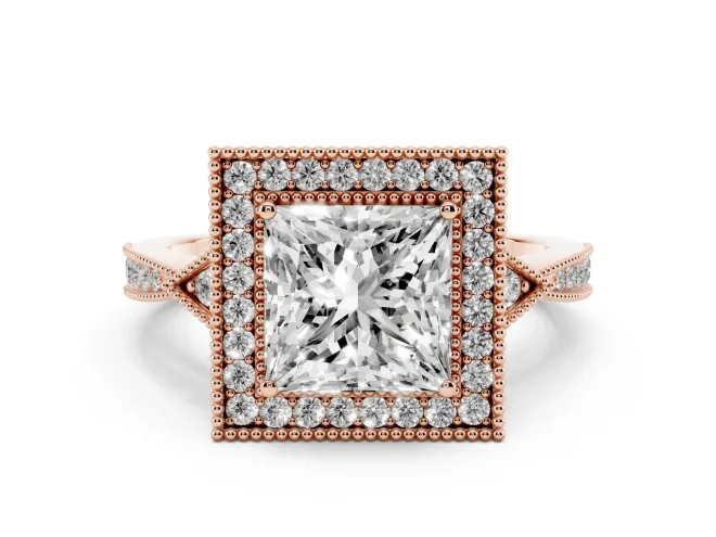Princess Cut Diamond Halo Engagement Ring Set in Rose gold with Milgrain Pavé Band